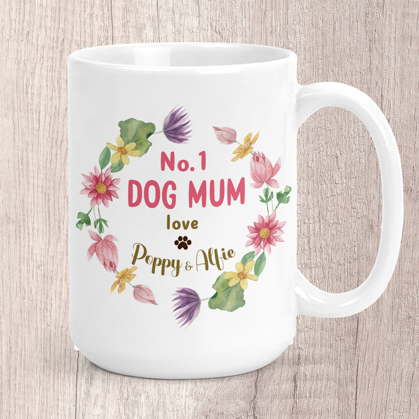 Large No. 1 Dog Mum Circle of Flowers Personalised with Dog Name/s Mug