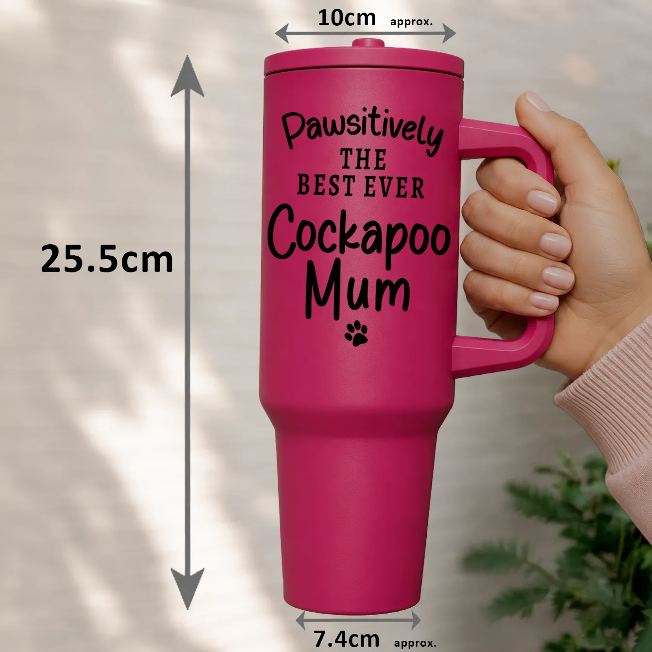 Pawsitively Best Ever Cockapoo Mum 40oz Tumbler Hot Pink Hand Holding Size