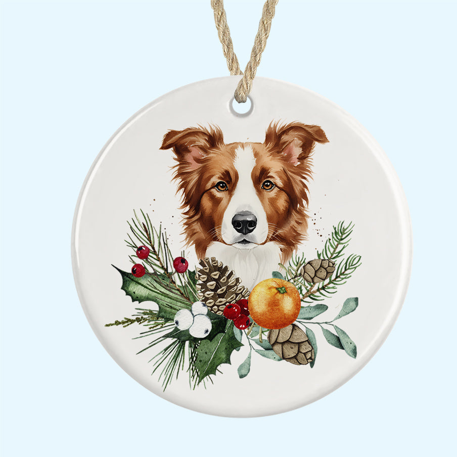 Red & White Border Collie Tree Ornament Ceramic Decoration