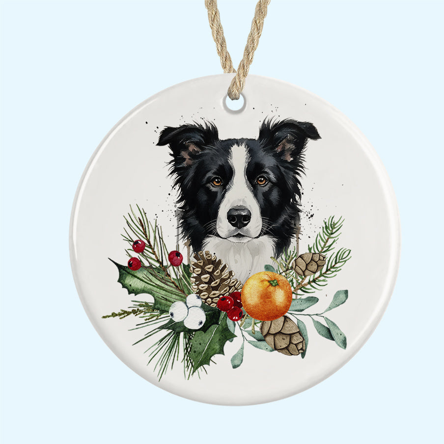 Black & White Border Collie Tree Ornament Ceramic Decoration
