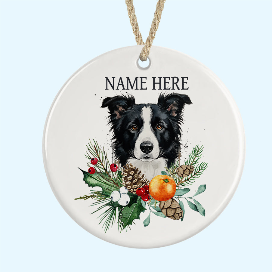 Personalised Black &amp; White Border Collie Tree Ornament Ceramic Decoration