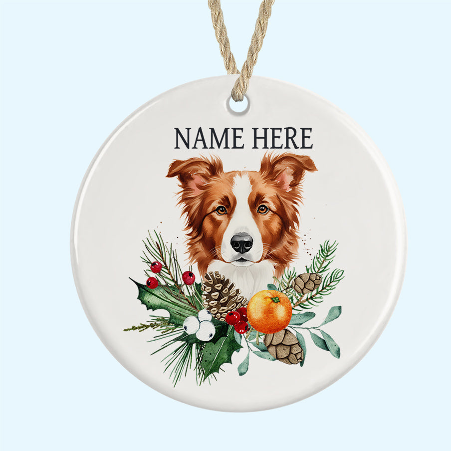Personalised Red &amp; White Border Collie Tree Ornament Ceramic Decoration