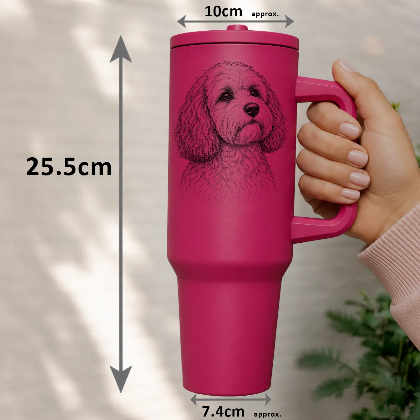 Cockapoo Illustration 40oz Insulated Tumbler Hot Pink Hand Holding Size