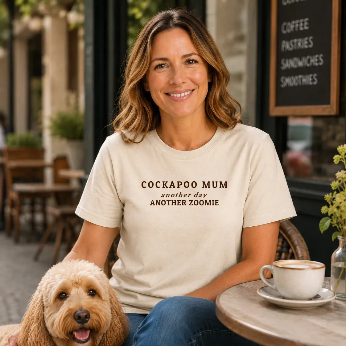 Cockapoo Mum Another Day Another Zoomie Tshirt Natural Chocolate Brown with Dog