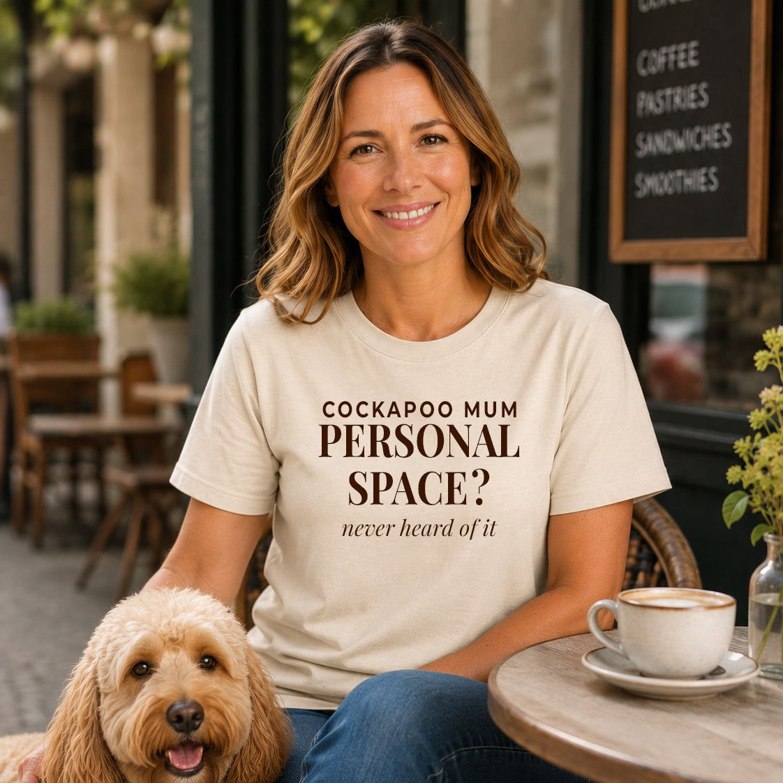 Cockapoo Mum Personal Space Tshirt Natural Chocolate Brown with Dog