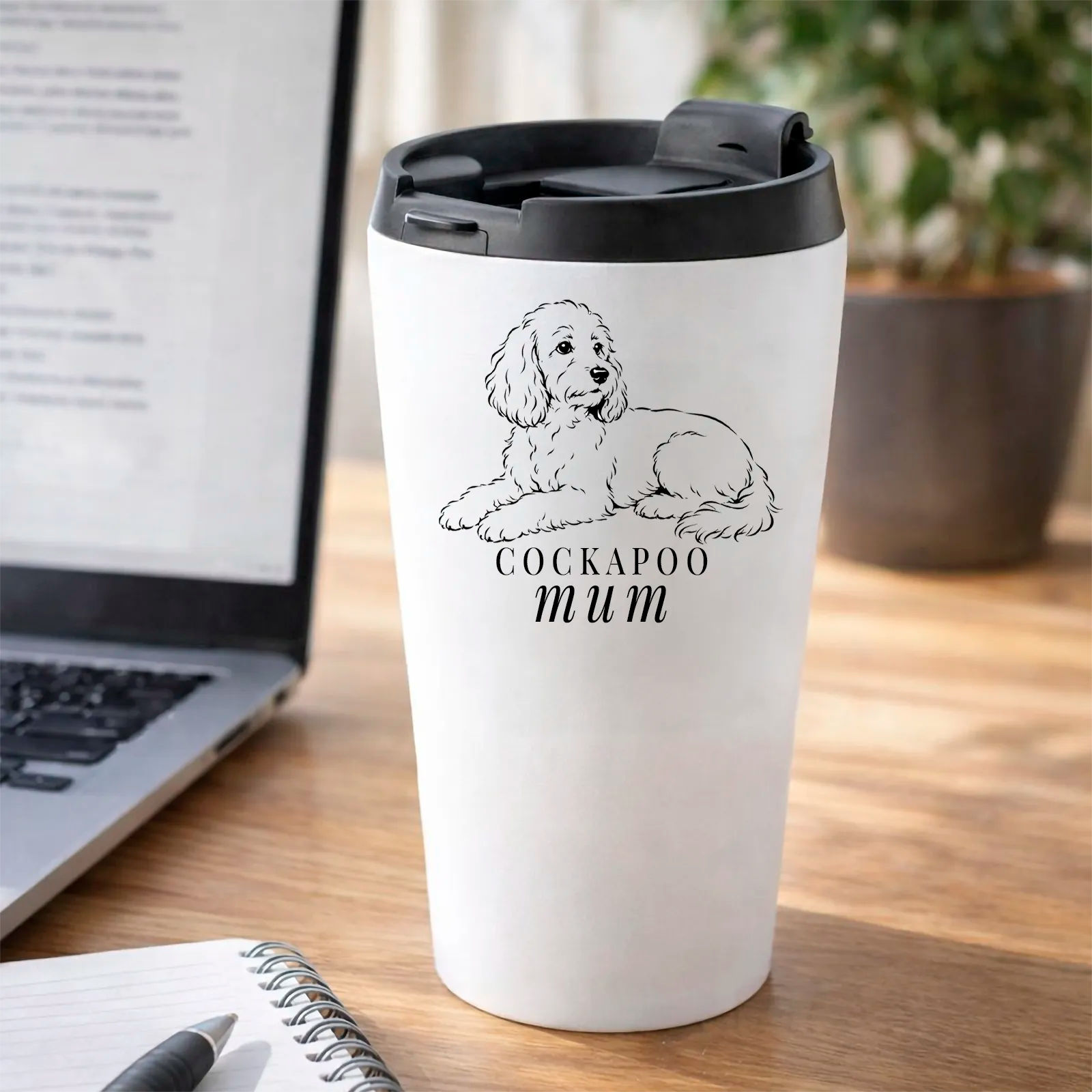 Cockapoo Mum Travel Tumbler 16oz Illustration Laying Work Desk Scene
