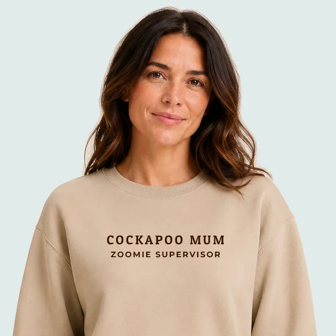 Cockapoo Mum Zoomie Supervisor Sweatshirt Desert Sand Chocolate Brown Model to Waist.jpg