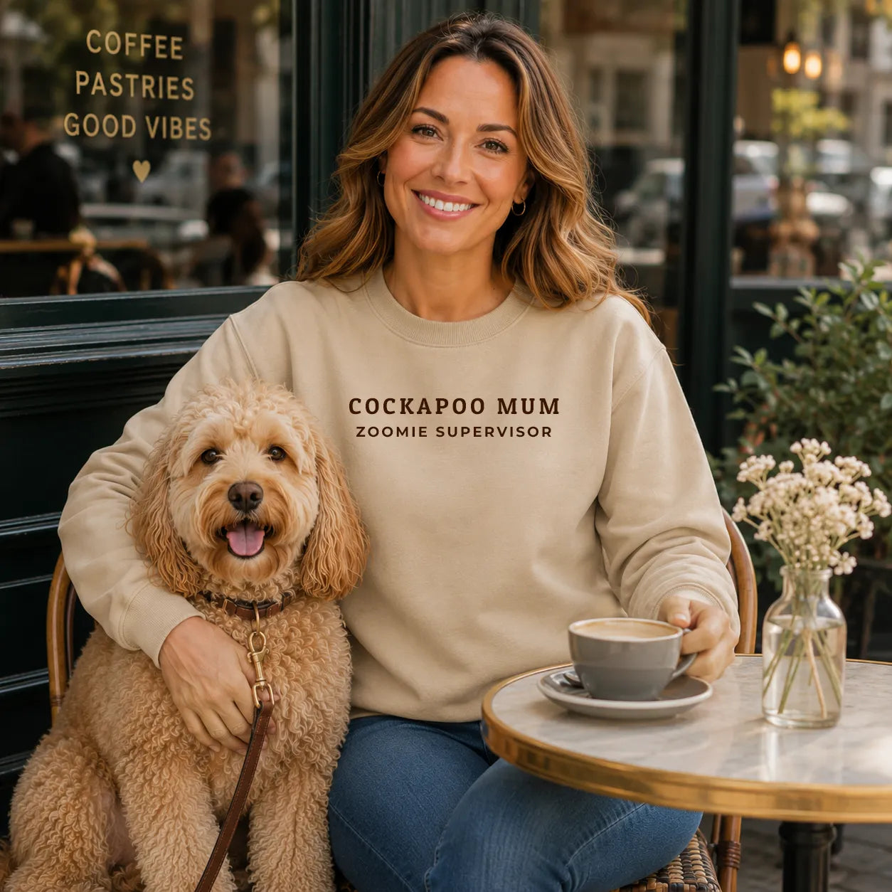 Cockapoo Mum Zoomie Supervisor Sweatshirt Desert Sand Chocolate Brown with Dog