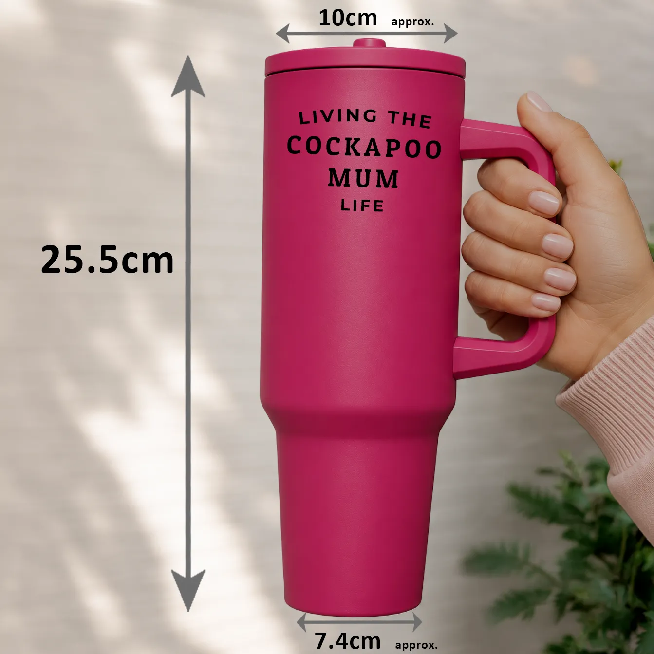Cockapoo Mum Life 40oz Insulated Tumbler Hot Pink Hand Holding Size