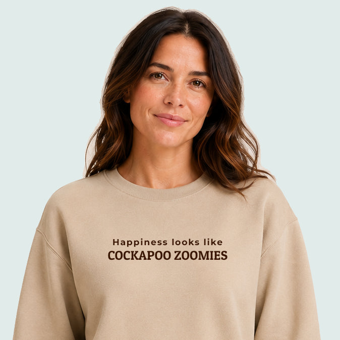 Happiness Looks Like Cockapoo Zoomies Sweatshirt Desert Sand Chocolate Brown Model to Waist