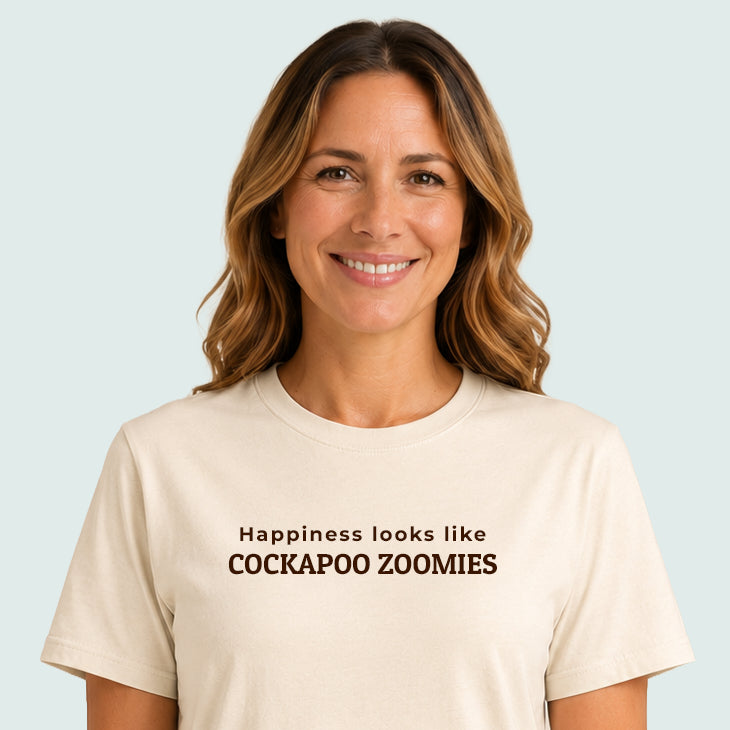 Happiness Looks Like Cockapoo Zoomies Tshirt Natural Chocolate Brown Model to Waist