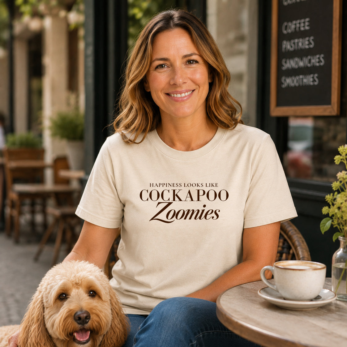 Happiness Looks Like Cockapoo Zoomies Tshirt Natural Chocolate Brown with Dog
