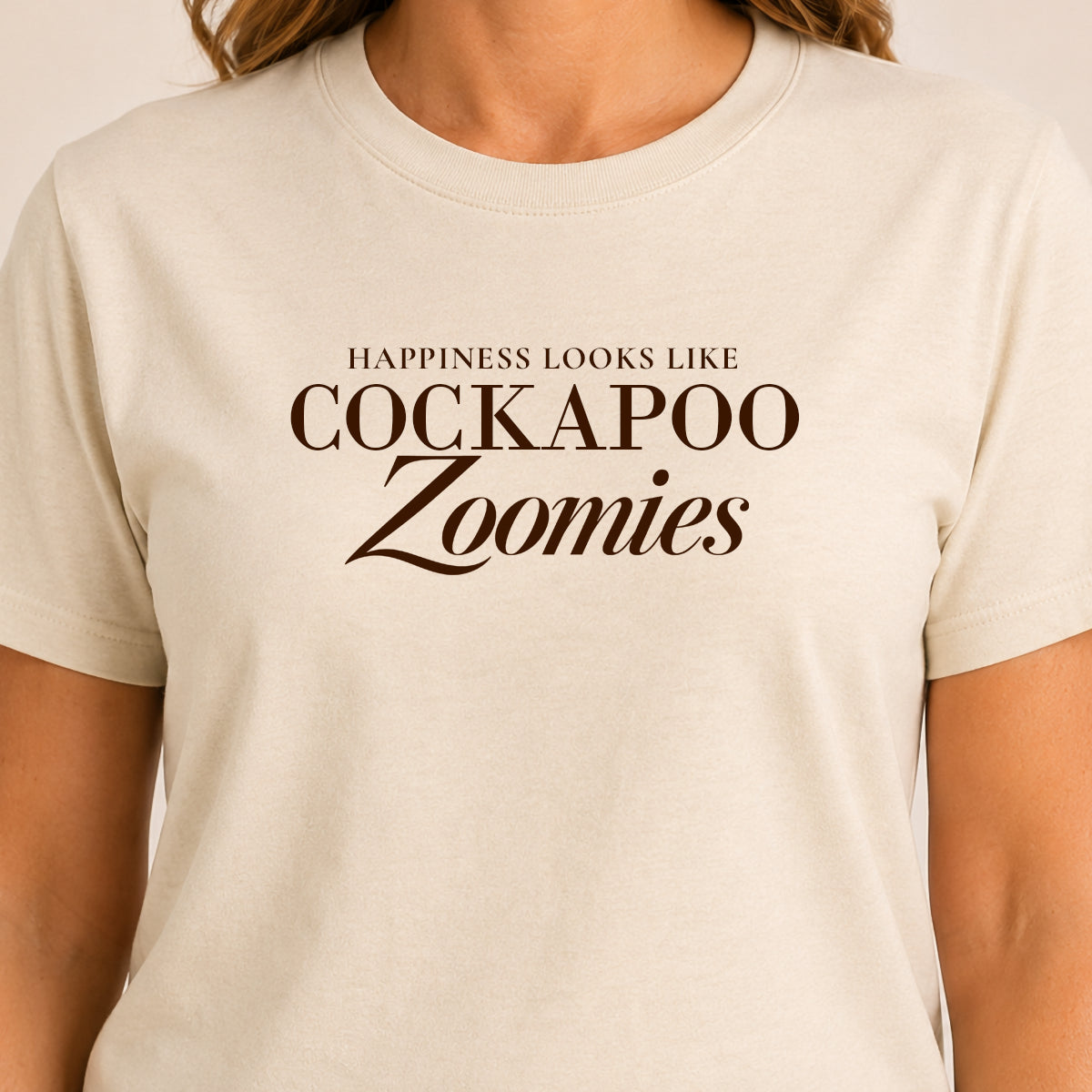 Happiness Looks Like Cockapoo Zoomies italics Tshirt Natural Chocolate Brown Print Quality