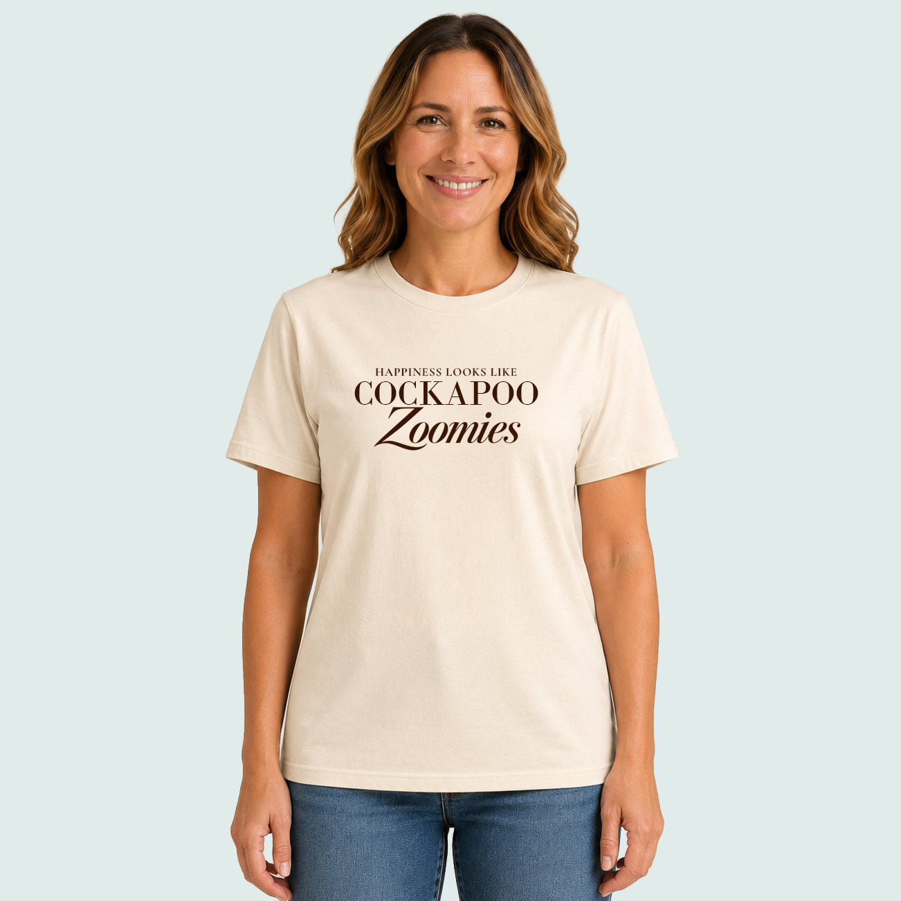Happiness Looks Like Cockapoo Zoomies italics Tshirt Natural Chocolate Brown