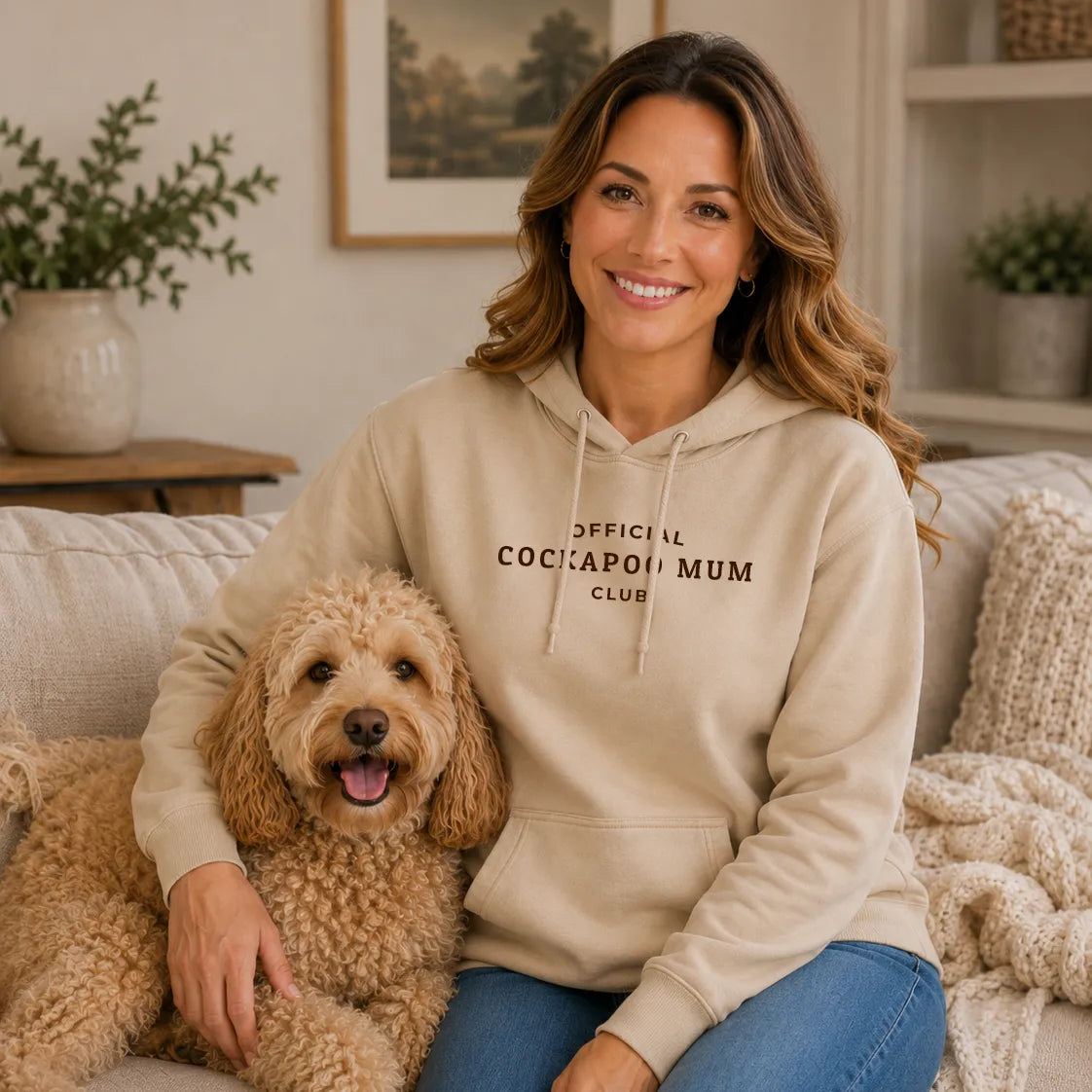 Official Cockapoo Mum Club Hoodie Desert Sand Chocolate Brown with Dog