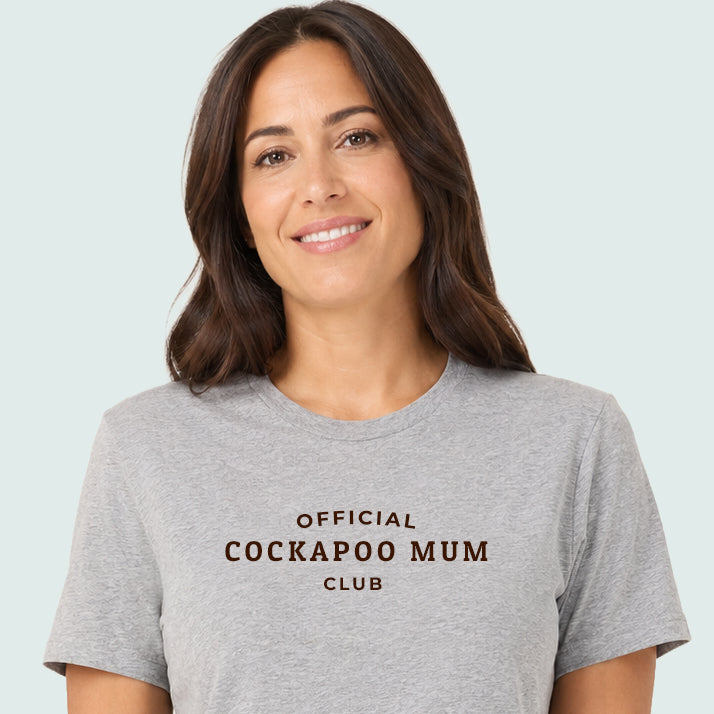 Official Cockapoo Mum Club Tshirt Heather Grey Chocolate Brown to Waist