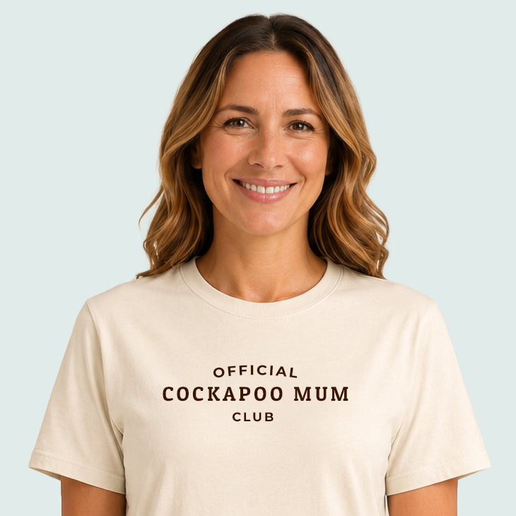 Official Cockapoo Mum Club Tshirt Natural Chocolate Brown Model to Waist