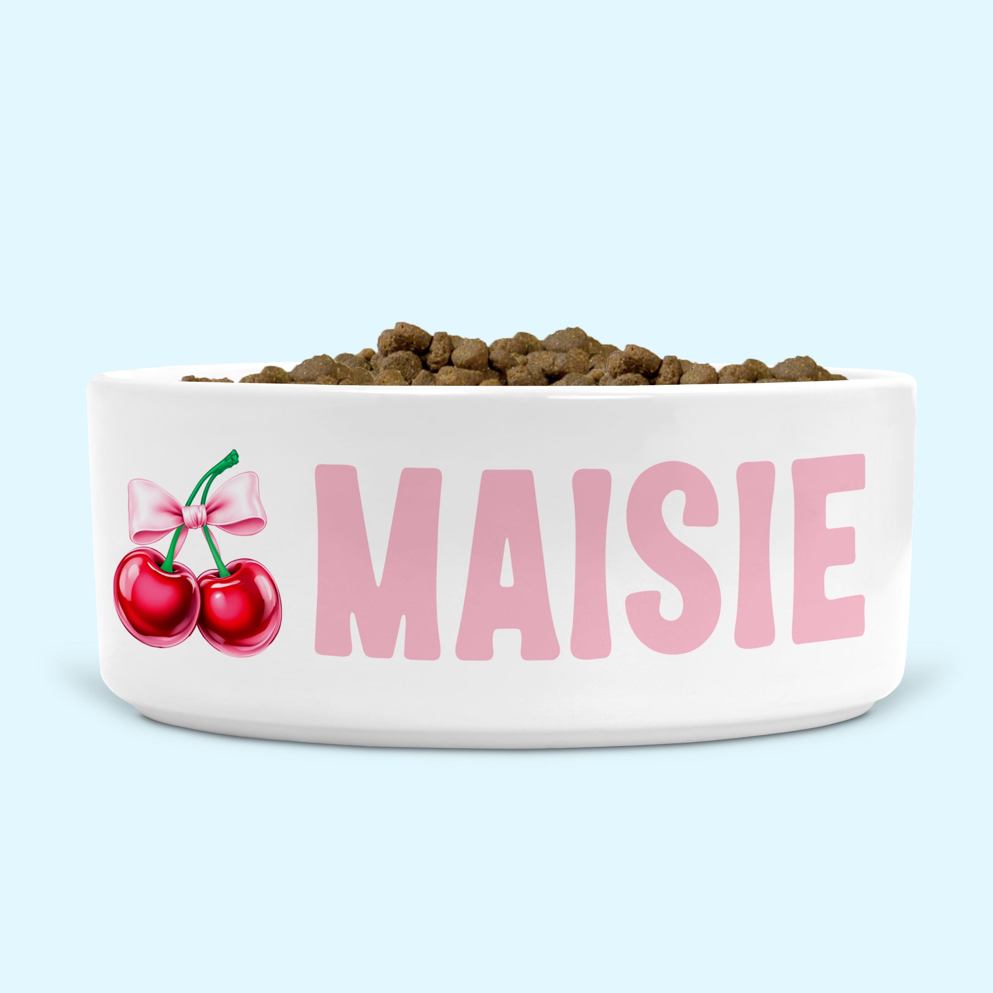 Personalised Dog Bowl Cherries and Pink Bow