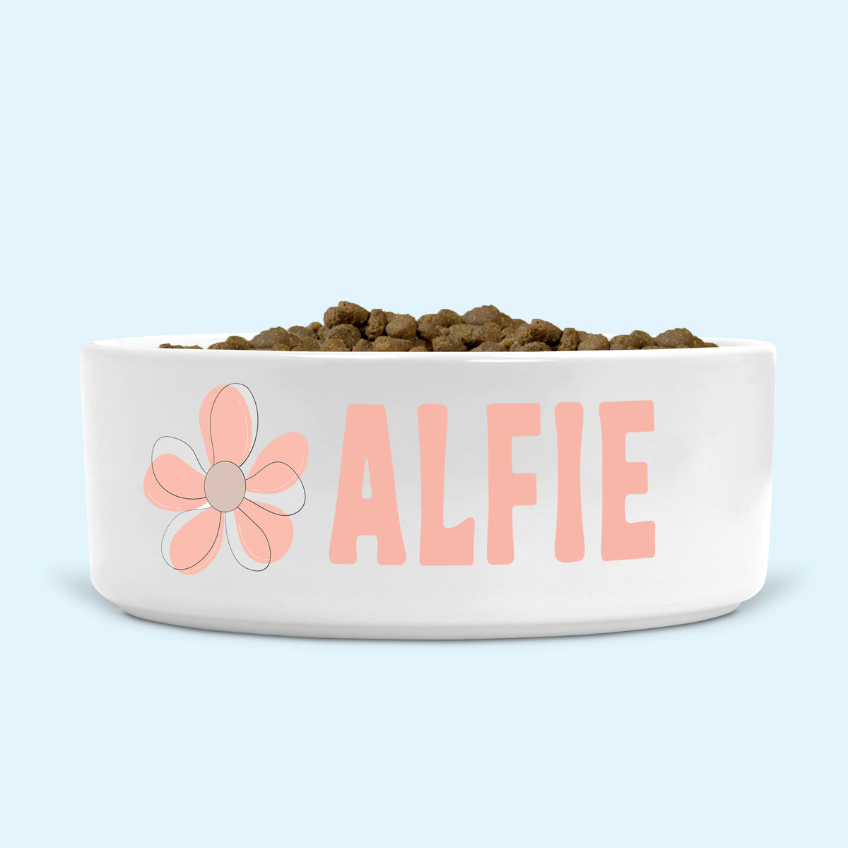 Personalised Ceramic Dog Bowl Medium-Large with Minimalist Flower (Apricot Cream)