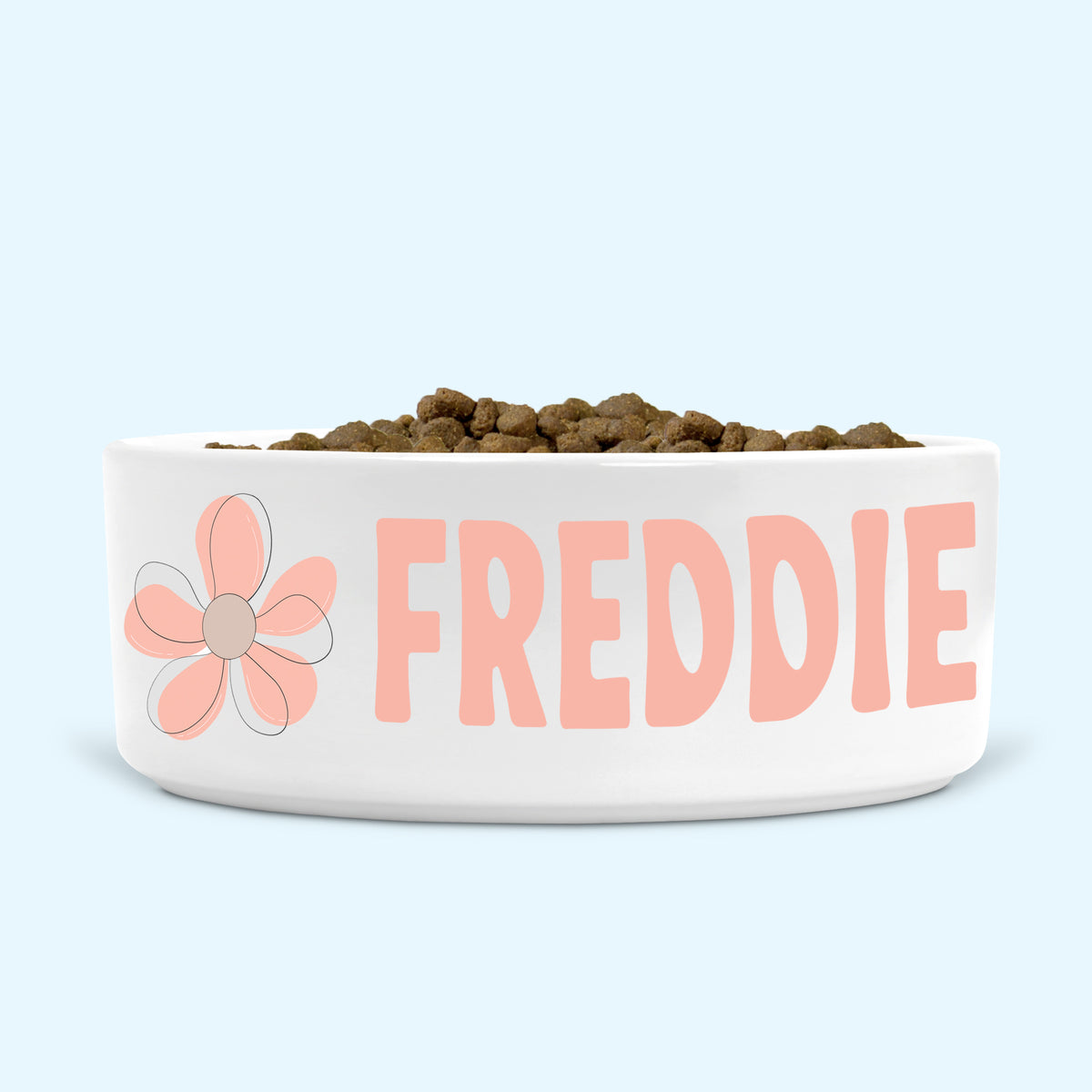 Personalised Ceramic Dog Bowl Medium-Large with Minimalist Flower (Apricot Cream)