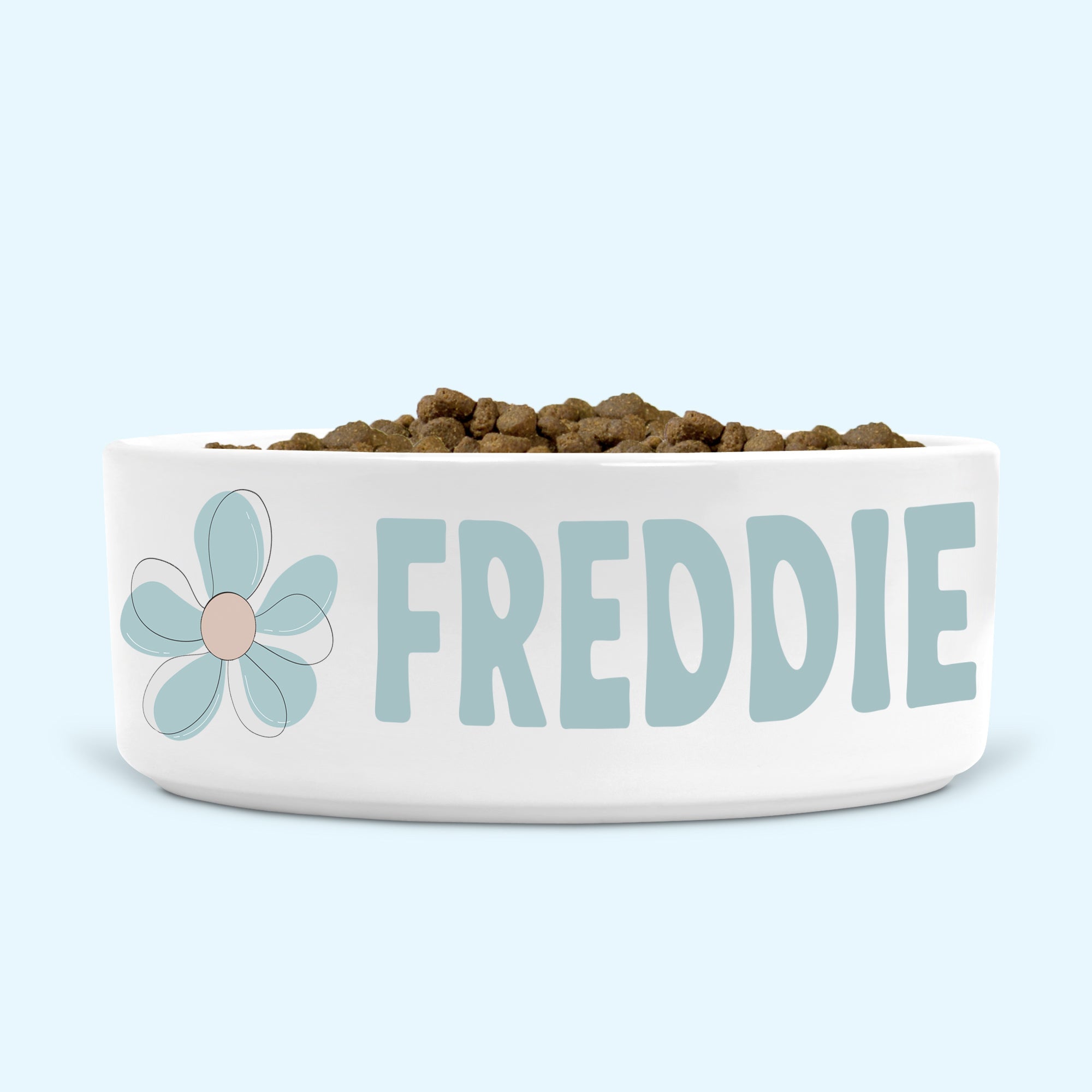 Personalised Ceramic Dog Bowl Small-Medium with Minimalist Flower (Pale Duck Egg)