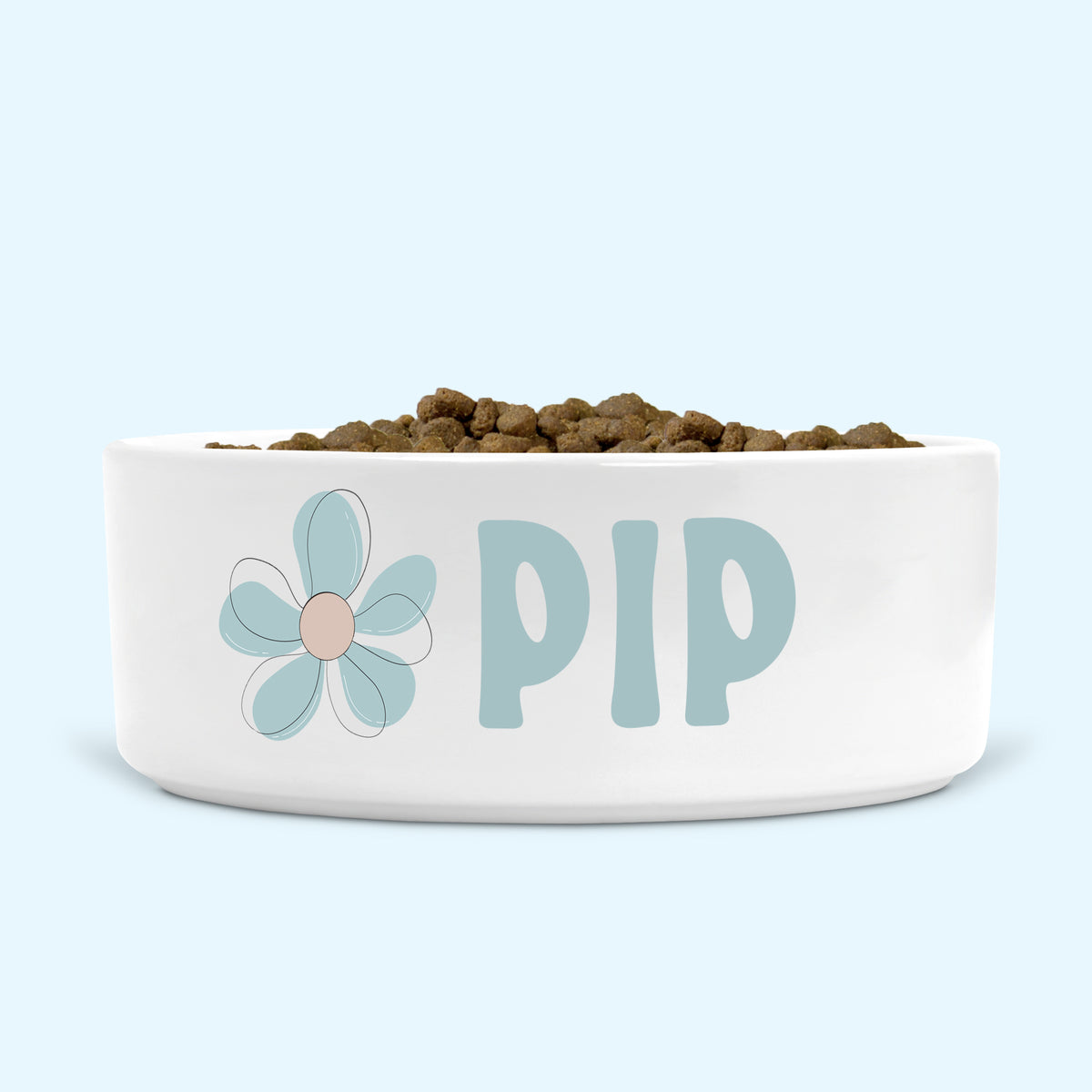 Personalised Ceramic Dog Bowl Medium-Large with Minimalist Flower (Pale Duck Egg)