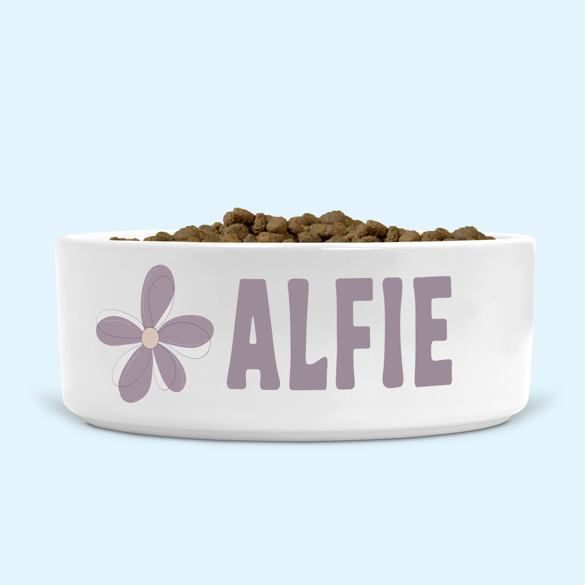 Personalised Ceramic Dog Bowl Medium-Large with Minimalist Flower (Smoky Lilac)