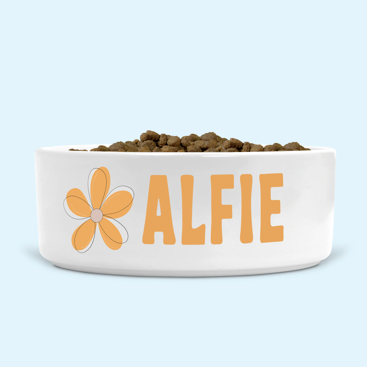 Personalised Ceramic Dog Bowl Medium-Large with Minimalist Flower (Wheat colour)