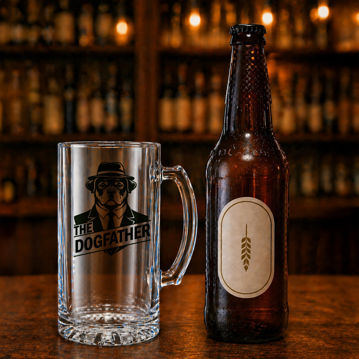 The Dogfather beer glass gift with bottle