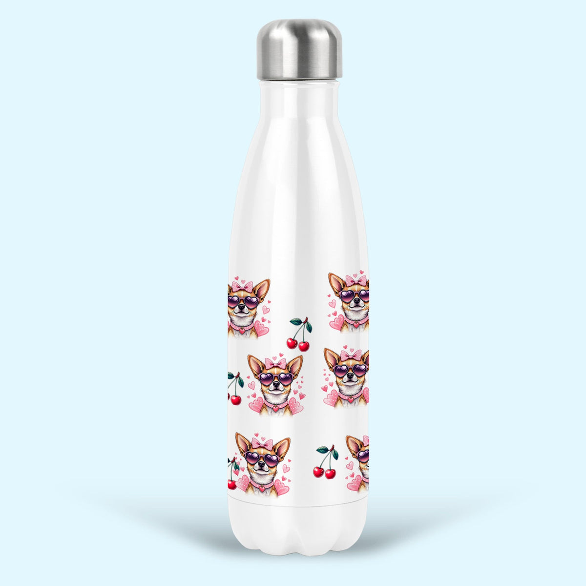 chihuahua insulated water drink bottle stainless steel pink bows cherries