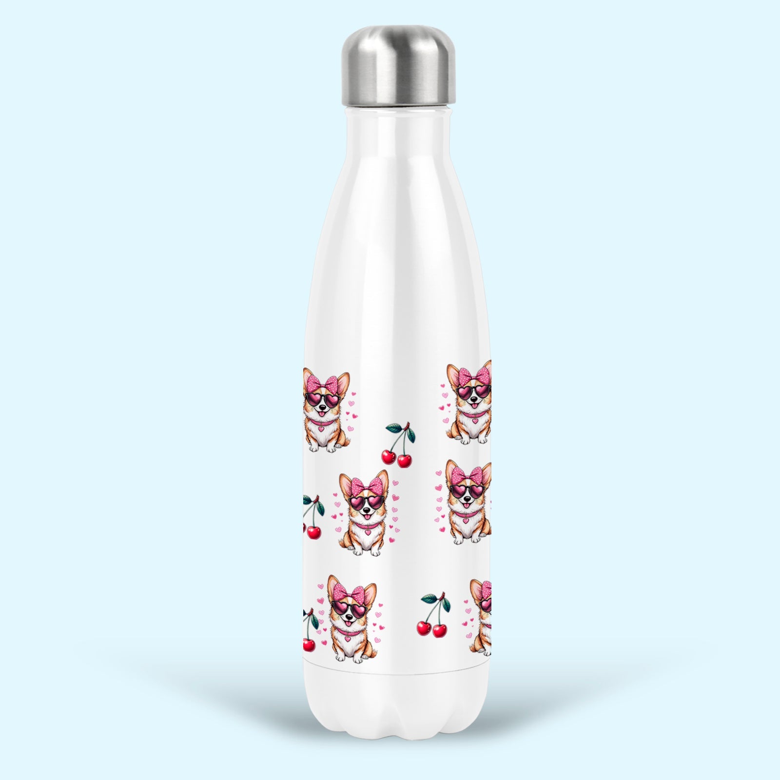 corgi insulated water drink bottle stainless steel pink bows cherries