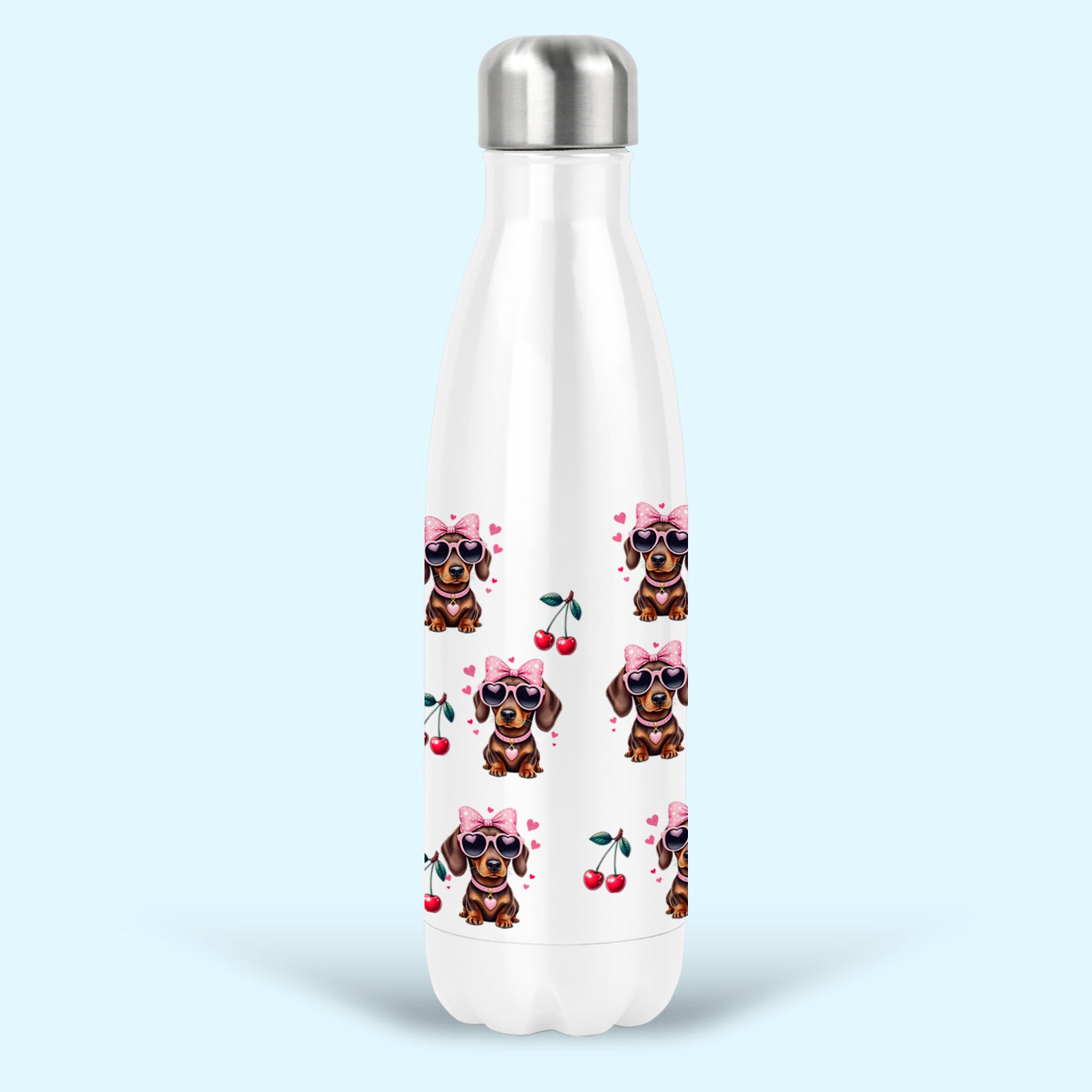 dachshund insulated water drink bottle stainless steel pink bows cherries