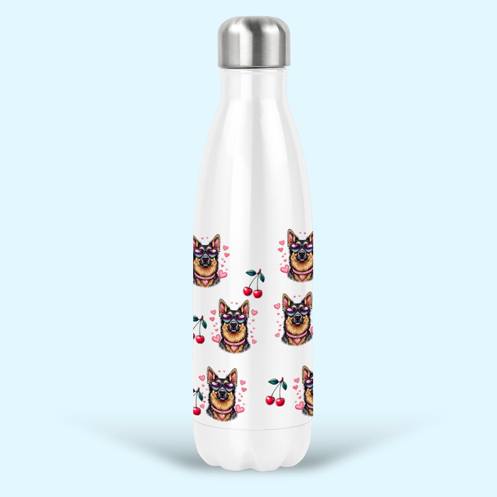 German Shepherd insulated water drink bottle stainless steel pink bows cherries