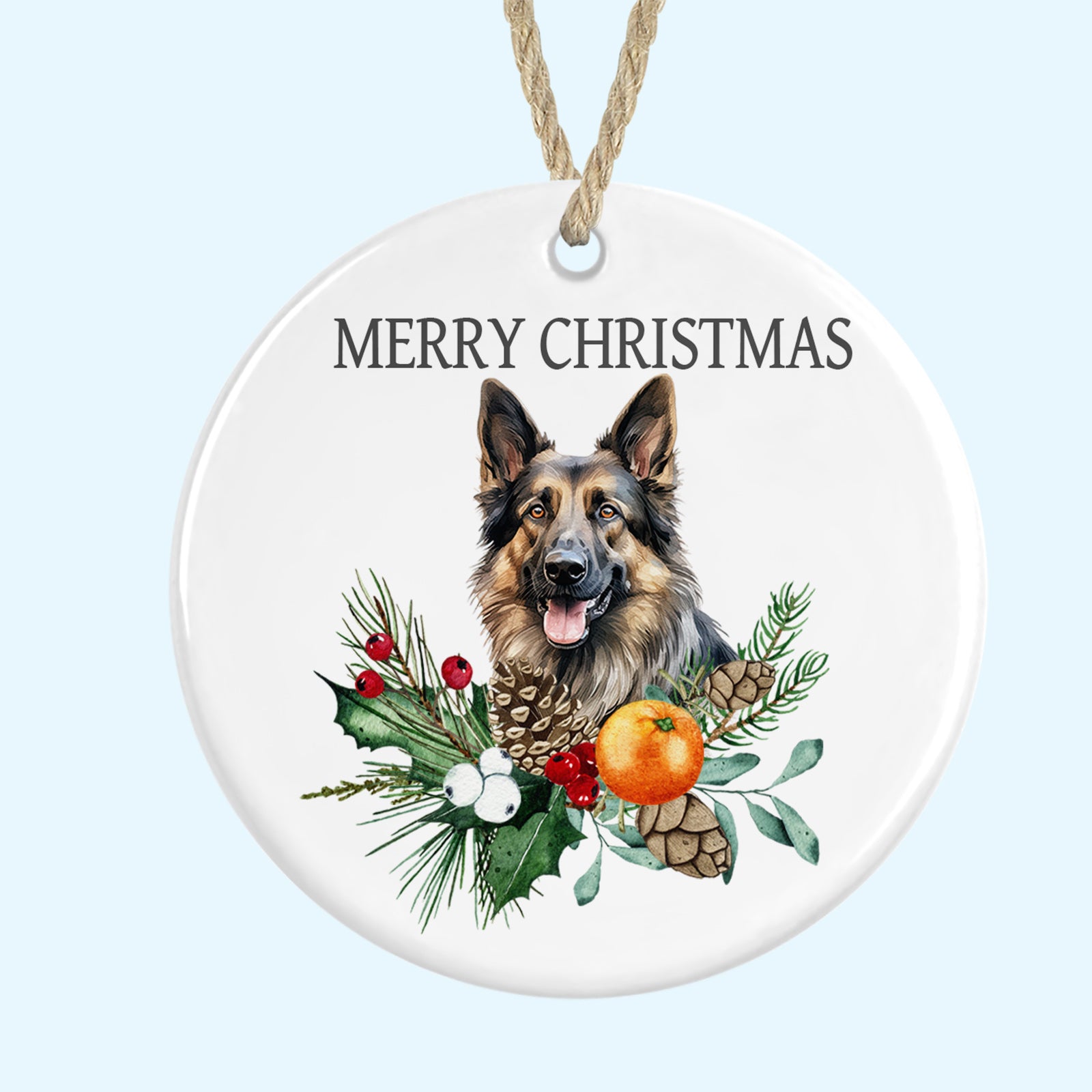 German Shepherd Merry Christmas Tree Ornament Ceramic Decoration