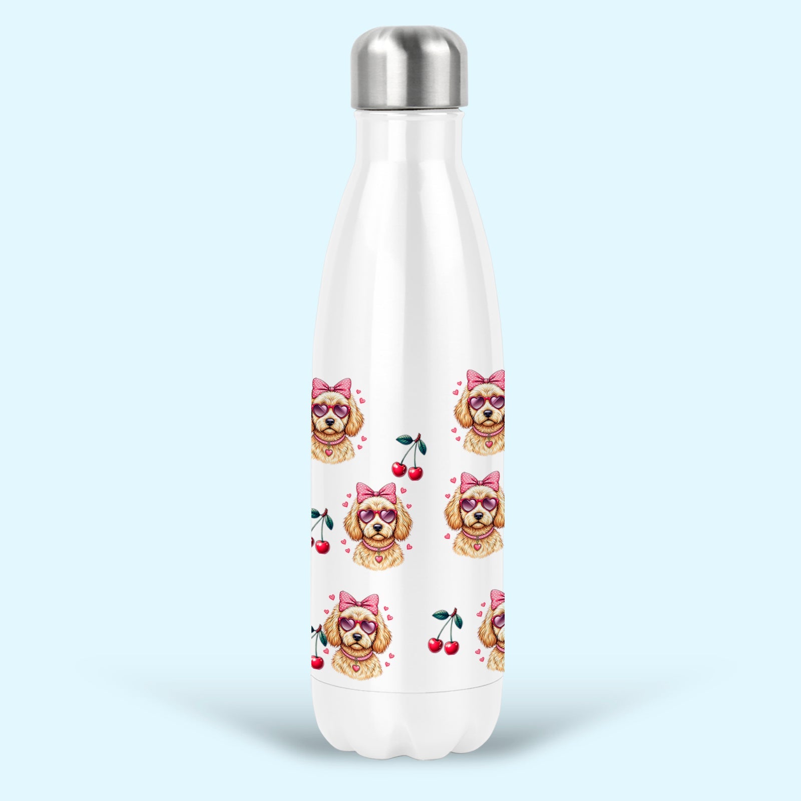 goldendoodle insulated water drink bottle stainless steel pink bows cherries