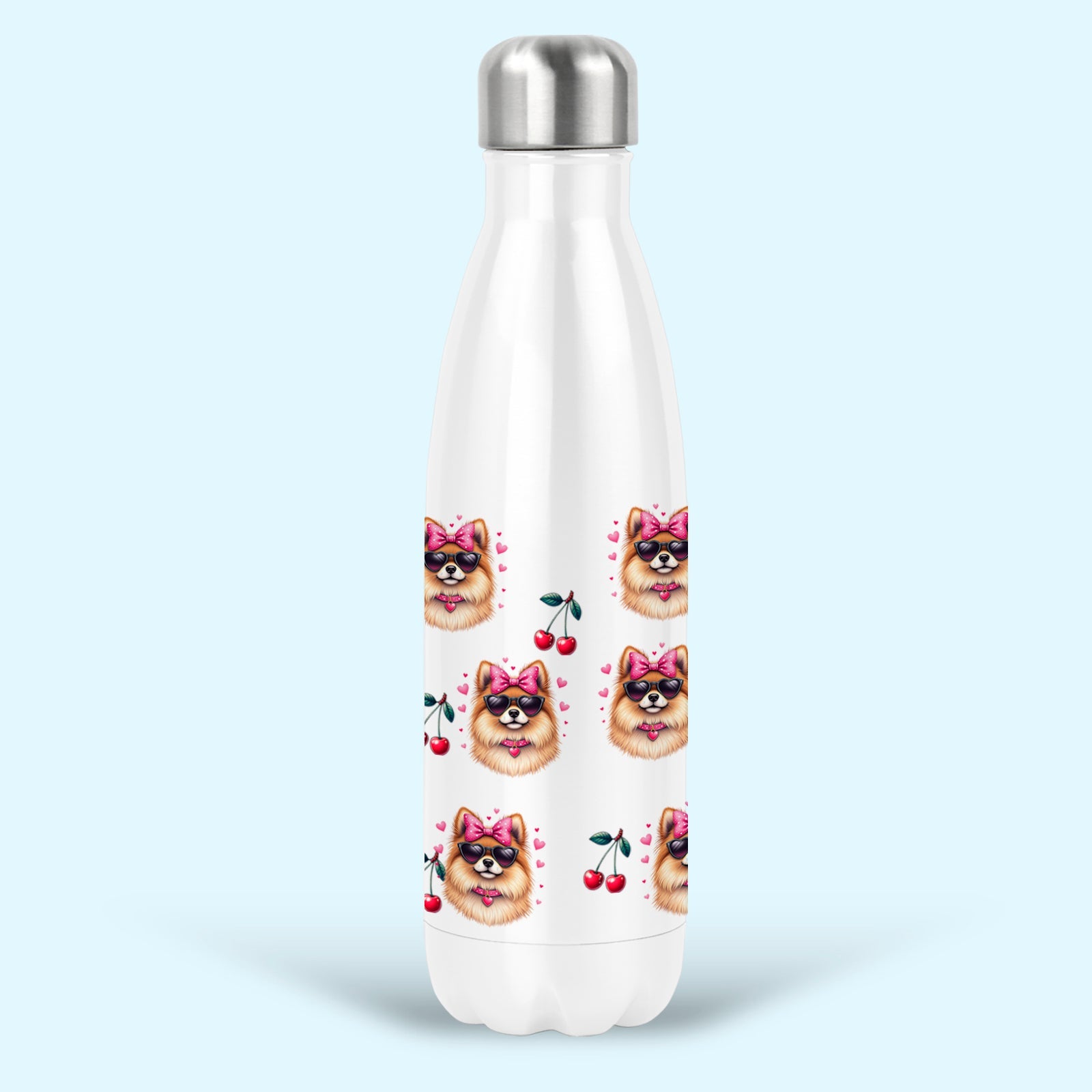 pomeranian insulated water drink bottle stainless steel pink bows cherries