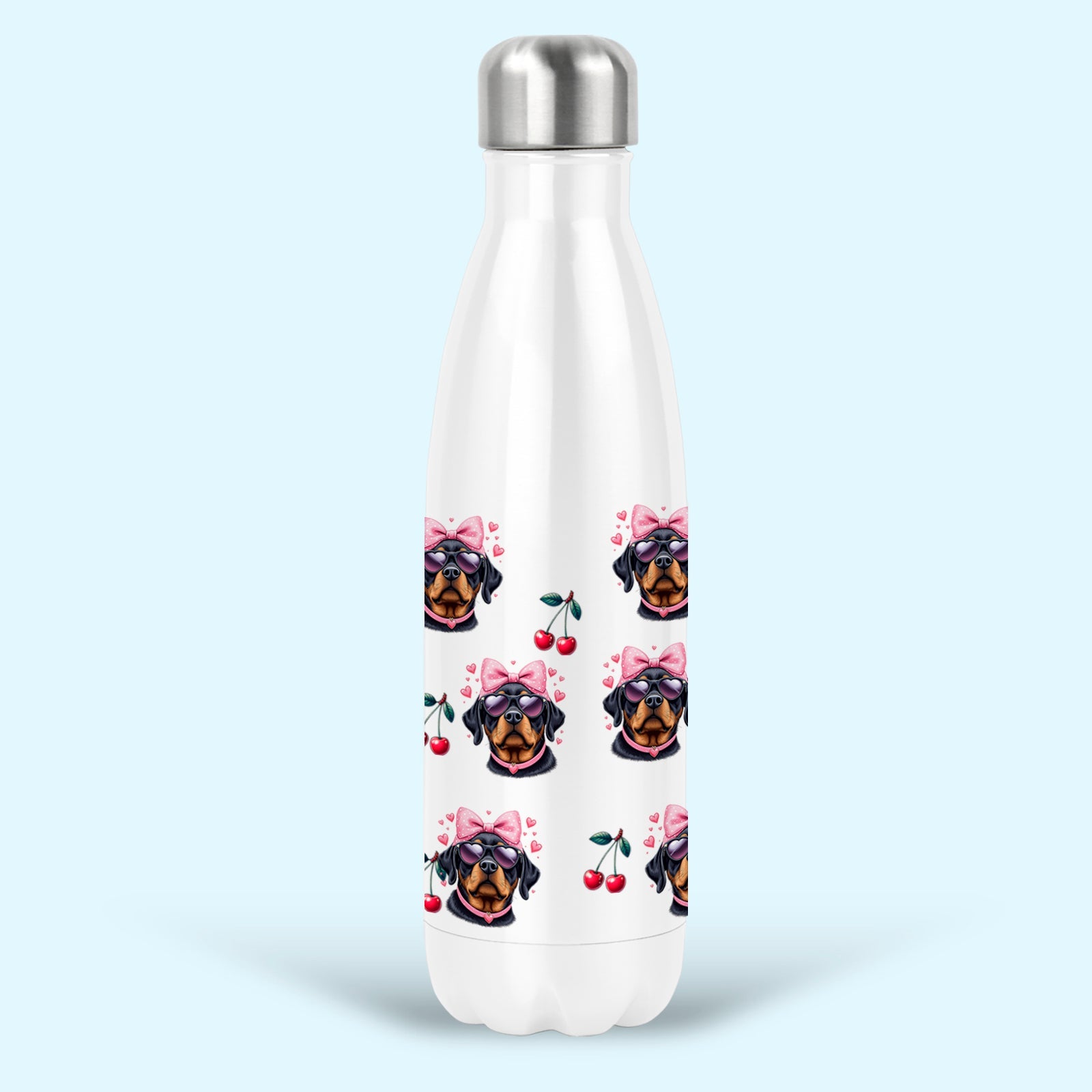 rottweiler insulated water drink bottle stainless steel pink bows cherries