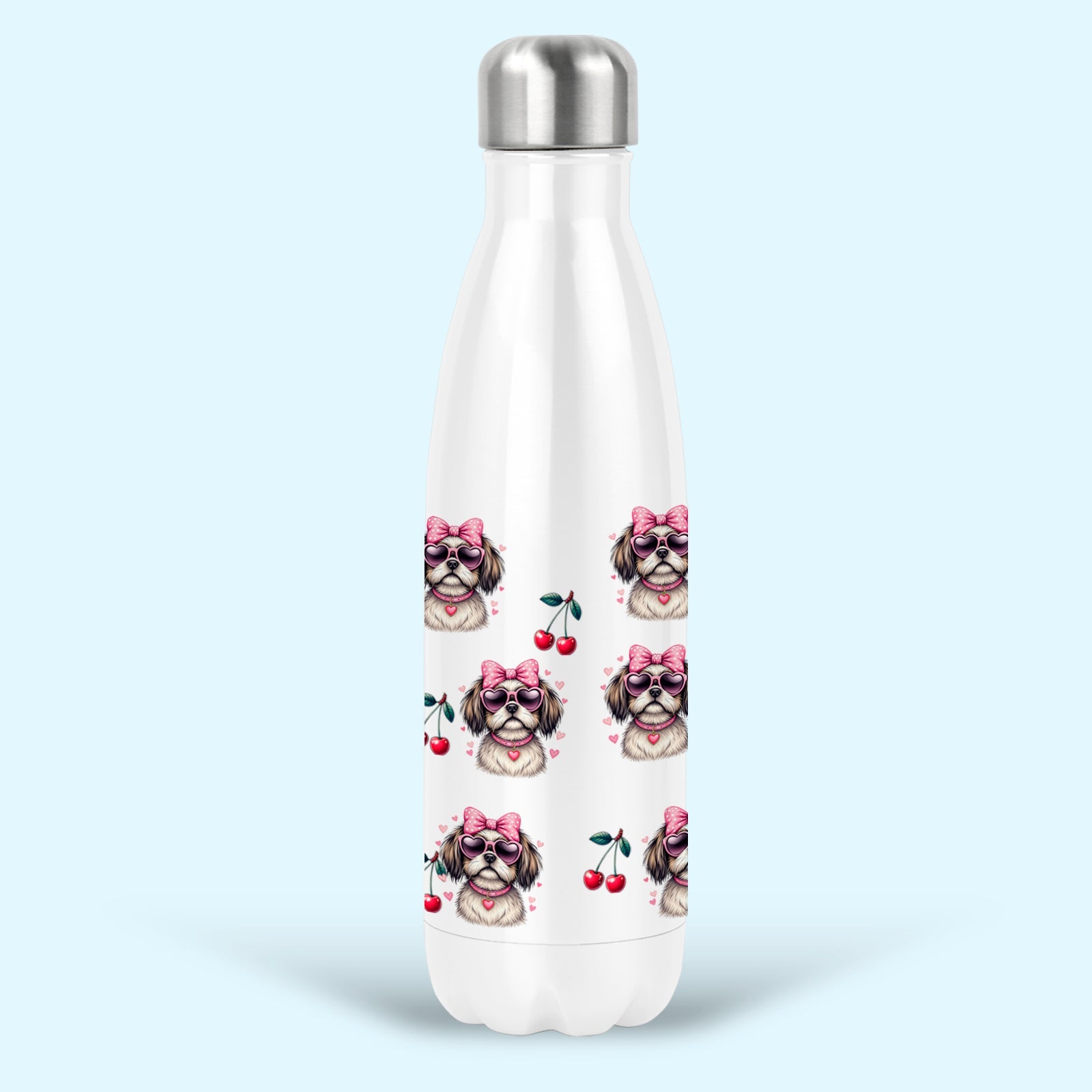 shih tzu insulated water drink bottle stainless steel pink bows cherries
