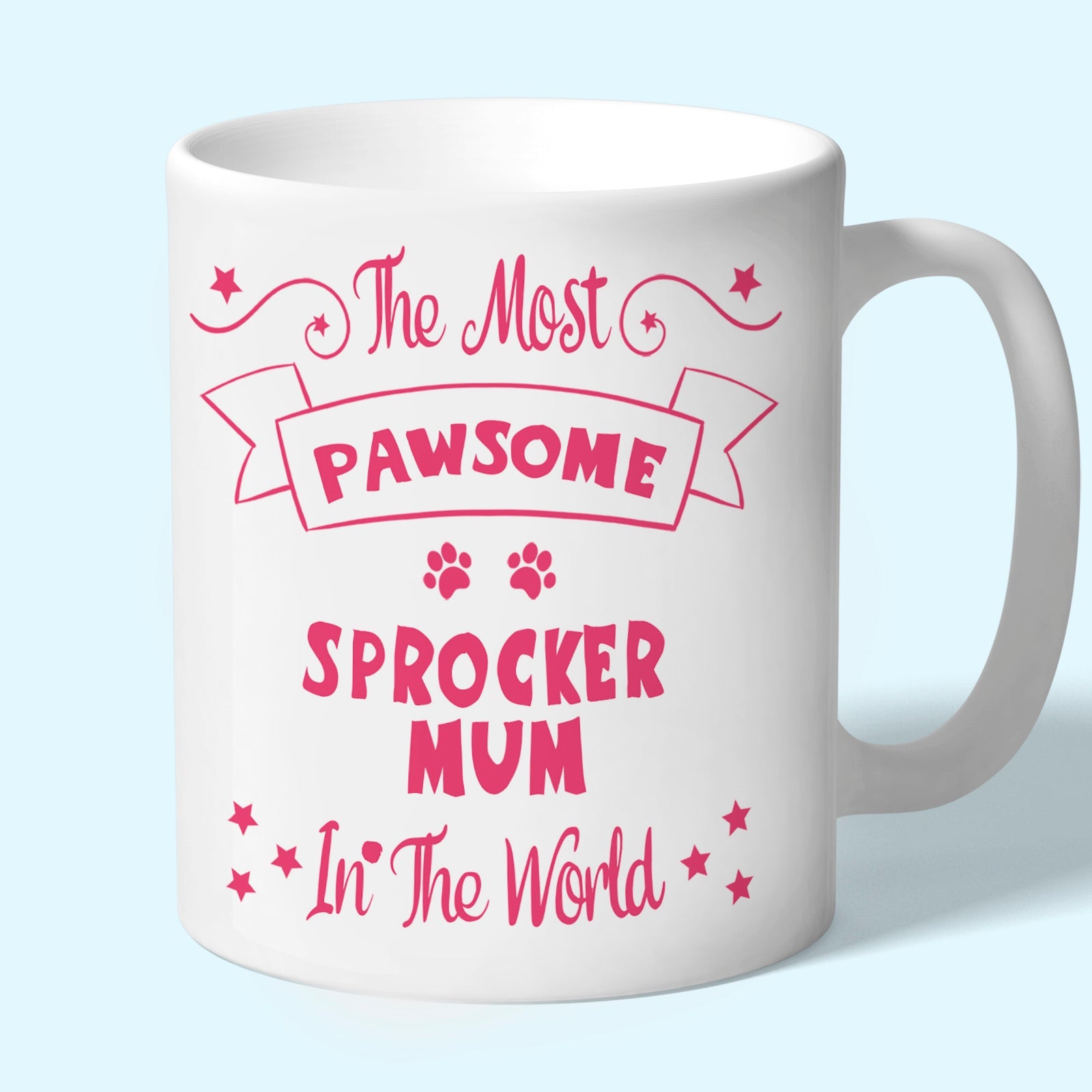 The Most Pawsome Sprocker mum mug in black design