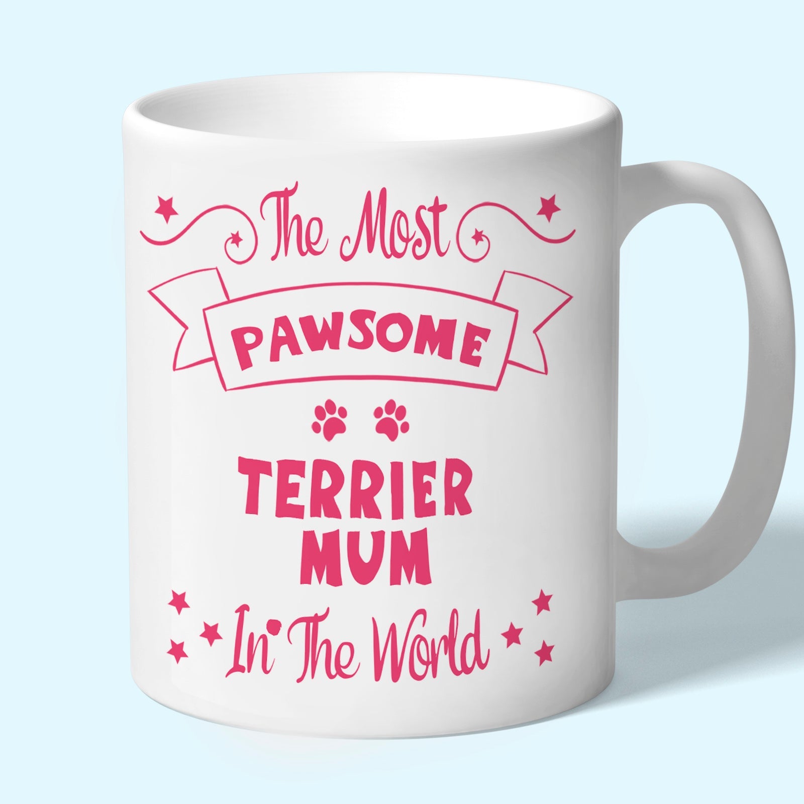 The Most Pawsome Terrier mum mug in black design