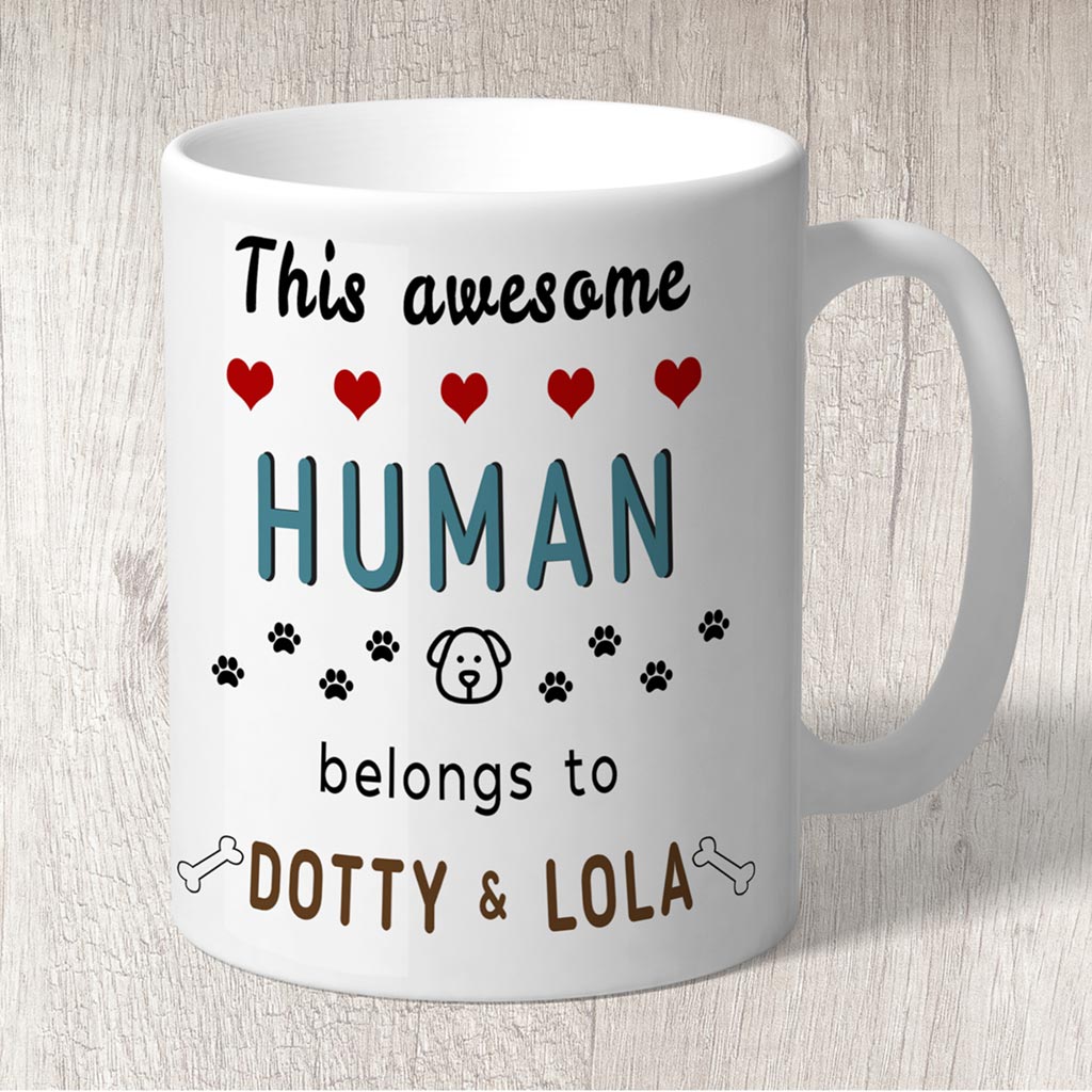 This Awesome Human Belongs to (dog names) Mug Blue