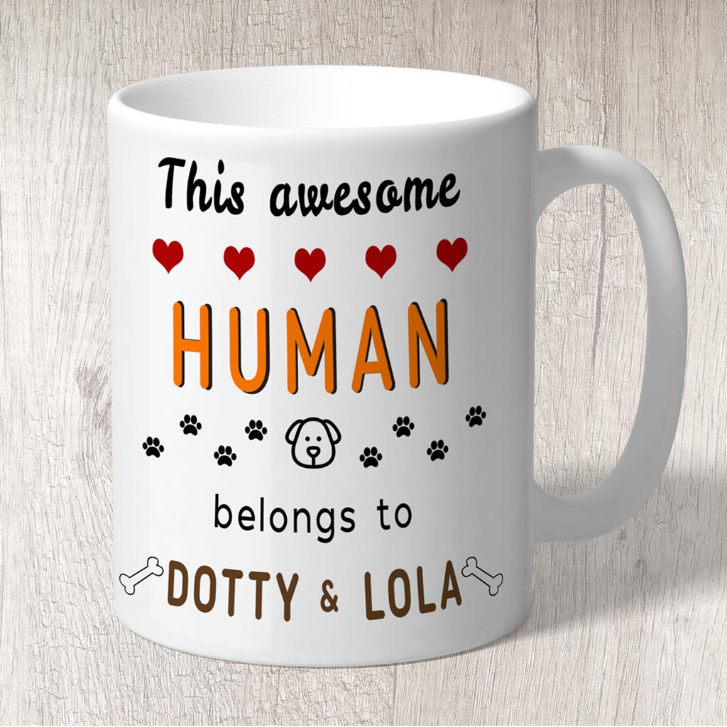 This Awesome Human Belongs to (dog names) Mug Orange
