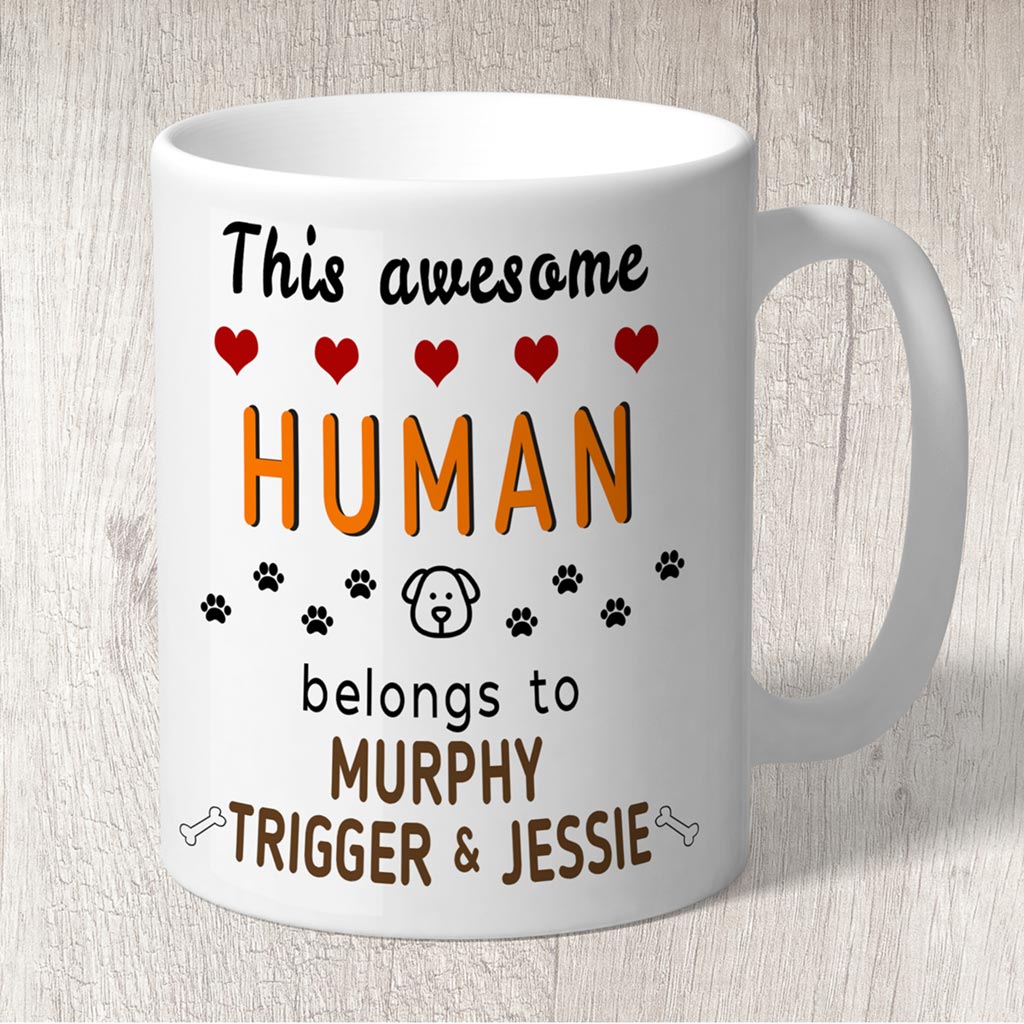 This Awesome Human Belongs to (dog names) Mug Orange