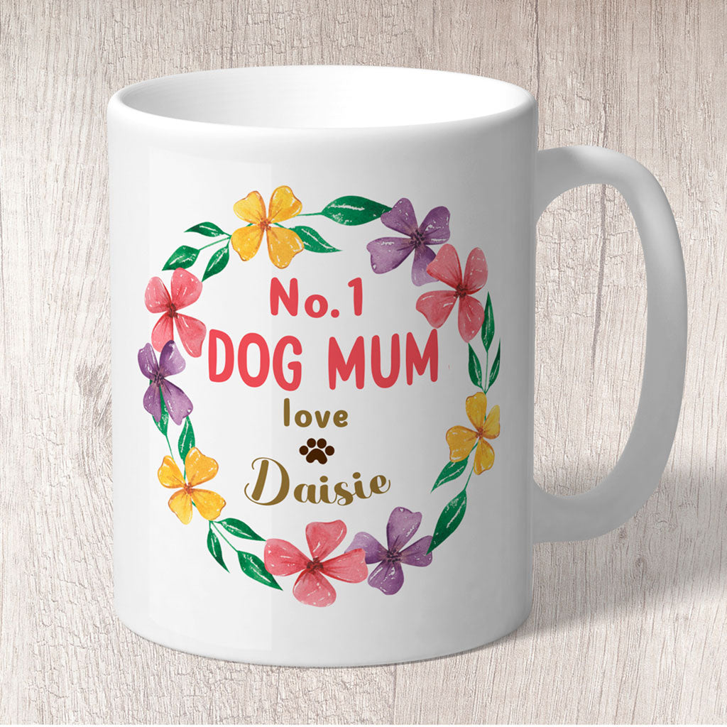 No. 1 Dog Mum Circle of Flowers Personalised with Dog Name/s Mug  (1072)