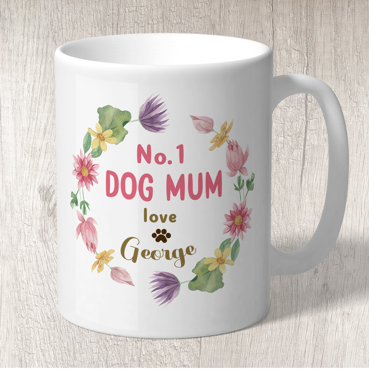 No. 1 Dog Mum Circle of Flowers Personalised with Dog Name/s Mug  (8428)