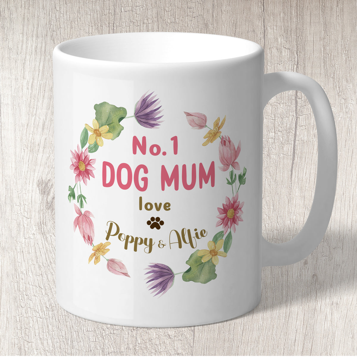 No. 1 Dog Mum Circle of Flowers Personalised with Dog Name/s Mug  (8428)