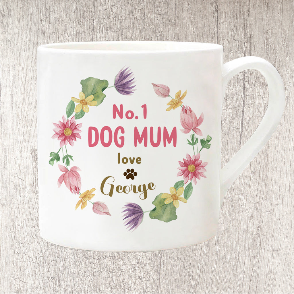 No. 1 Dog Mum Circle of Flowers Personalised with Dog Name/s Fine China Mug 13oz  (8428)