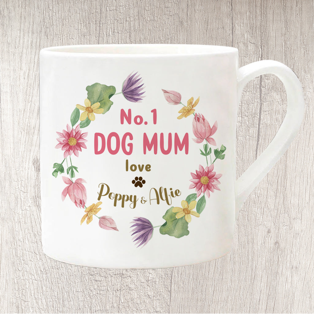 No. 1 Dog Mum Circle of Flowers Personalised with Dog Name/s Fine China Mug 13oz  (8428)