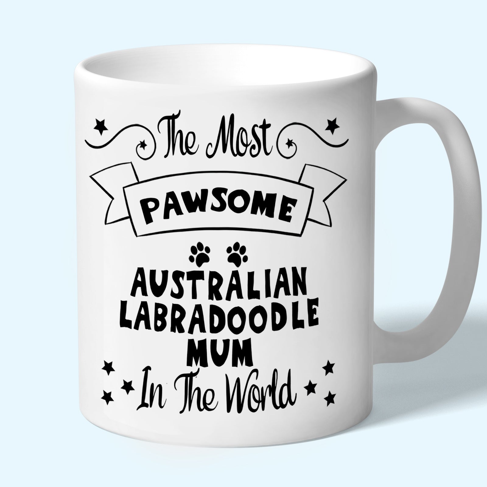The Most Pawsome Australian Labradoodle mum mug in black design