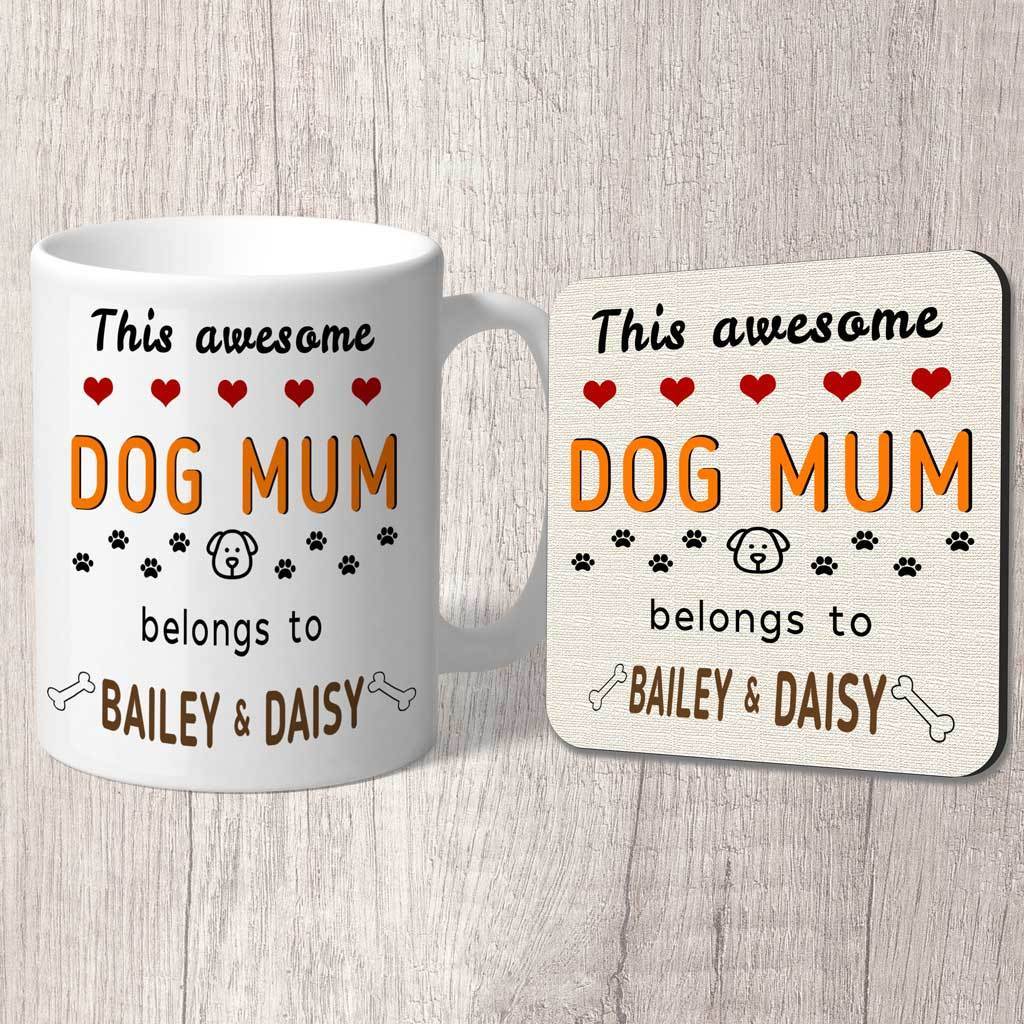 Dog Mum Mug Personalised 2 dog names with matching coaster